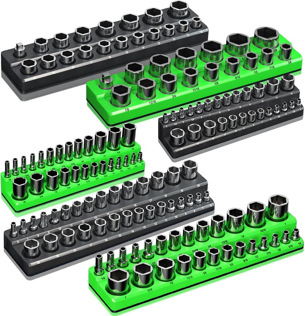Magnetic Socket Organizer Holder Set For Tool Box Drawer, Toolbox Organization Including 1/4", 3/8" and 1/2" Drive Metric SAE Socket Trays (Sockets are not Included) (Green+Black)
