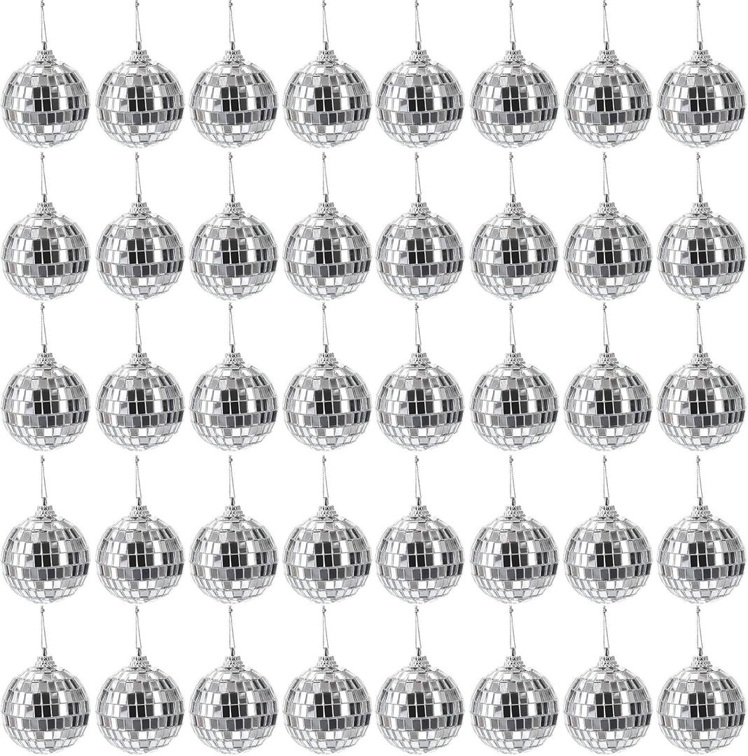 40 Pack Mirror Disco Ball, 2 Inch Silver Hanging Disco Light Mirror Ball with Attached String for Party Wedding Home Decoration, Stage Props, Christmas Xmas Tree Ornament