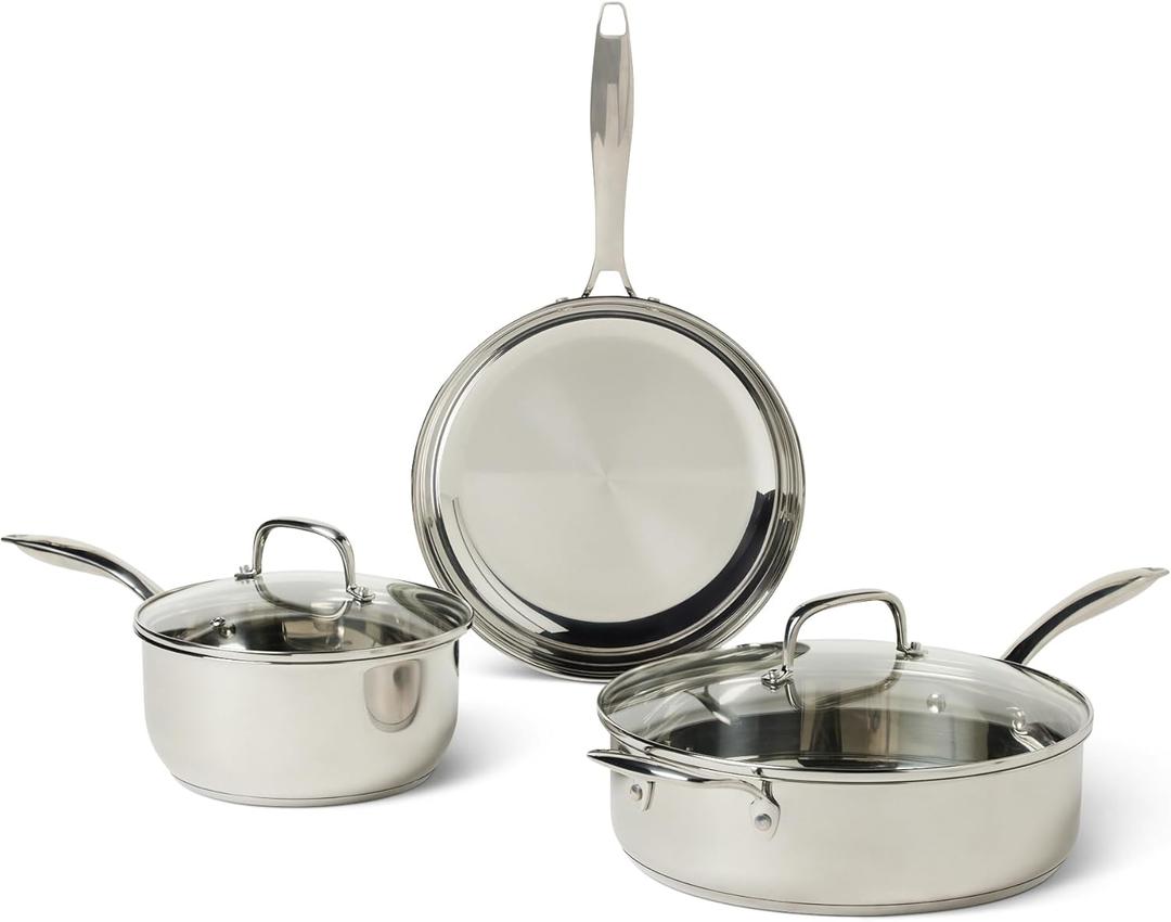 Amazon Basics Stainless Steel Cookware Set, 5-Piece Set, All Cooktop Friendly, Dishwasher-Safe