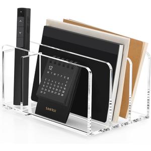 SANRUI Acrylic Mail Organizer, 3 Compartments Clear File Holder for Desk, Letter Sorter with Pen Holder, Countertop Document Sorter for Notebooks, Bills & Eyeshadow Palettes