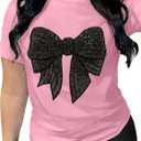 RoseSeek Women's Rhinestone Sequin Bowknot Graphic Tees Short Sleeve Crewneck Summer Tops Going Out T Shirt (XS)