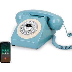 Retro Blue Bluetooth Landline Phone, Mid-Century Style Desk Telephone with Classic Handset, Loud Vintage Ringtones, Bluetooth Connects to Smartphone, Cute Retro Decor Phone for Bedroom, Home & Office