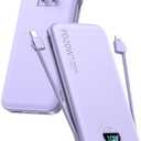 Portable Charger, 10000mAh PD20W USB C Fast Charging Power Bank with Built-in Cables and AC Wall Plug, Smart LED Display Travel Essentials Battery Pack Compatible with iPhone, iPad, Samsung etc Purple