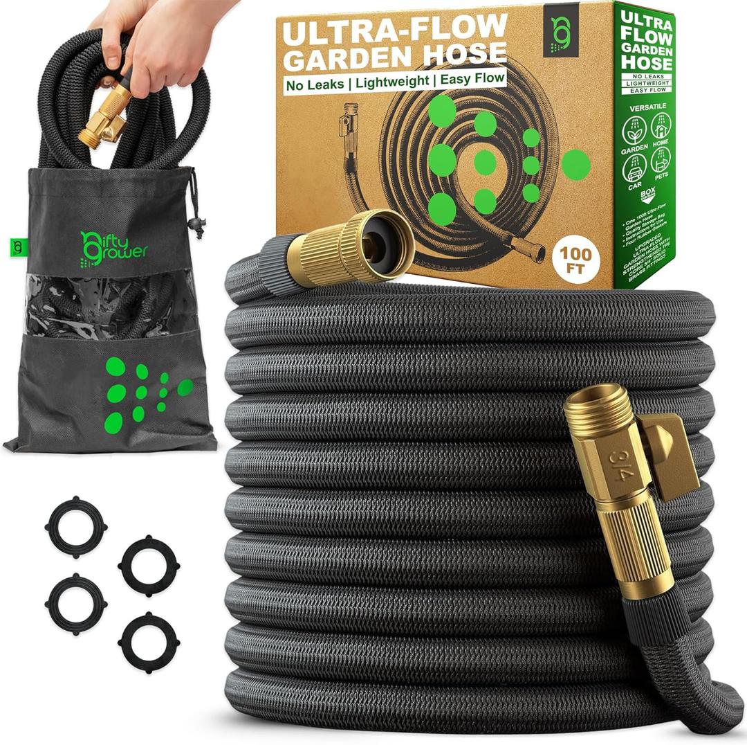 Easy to Use Garden Hose 100 FT, Lightweight and Leak-Proof Heavy-Duty Flexible Water Hose 100FT with Reinforced TPE Core, 3/4" Solid Brass Fittings, Ultra-Flow Manguera Para Jardin, Built to Last