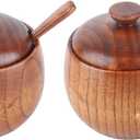 Hapivida 2Pcs Wood Spice Box, Salt Cellar with Lid and Spoon Salt Box Spice Jar Sugar Bowl Pepper Seasoning Container Holder