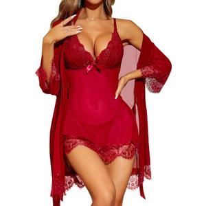 RSLOVE Women Sexy Lingerie Set 3 Piece Babydoll & Lace Kimono Robe Strap Chemise Sleepwear Mesh Nightgown (Large, Wine Red)
