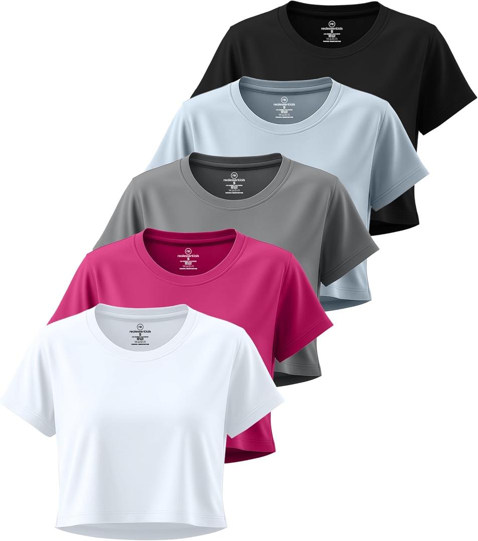 Real Essentials 5 Pack: Women's Dry-Fit Crop Top Short Sleeve Shirts Workout Gym Cropped Athletic Tee (2X)