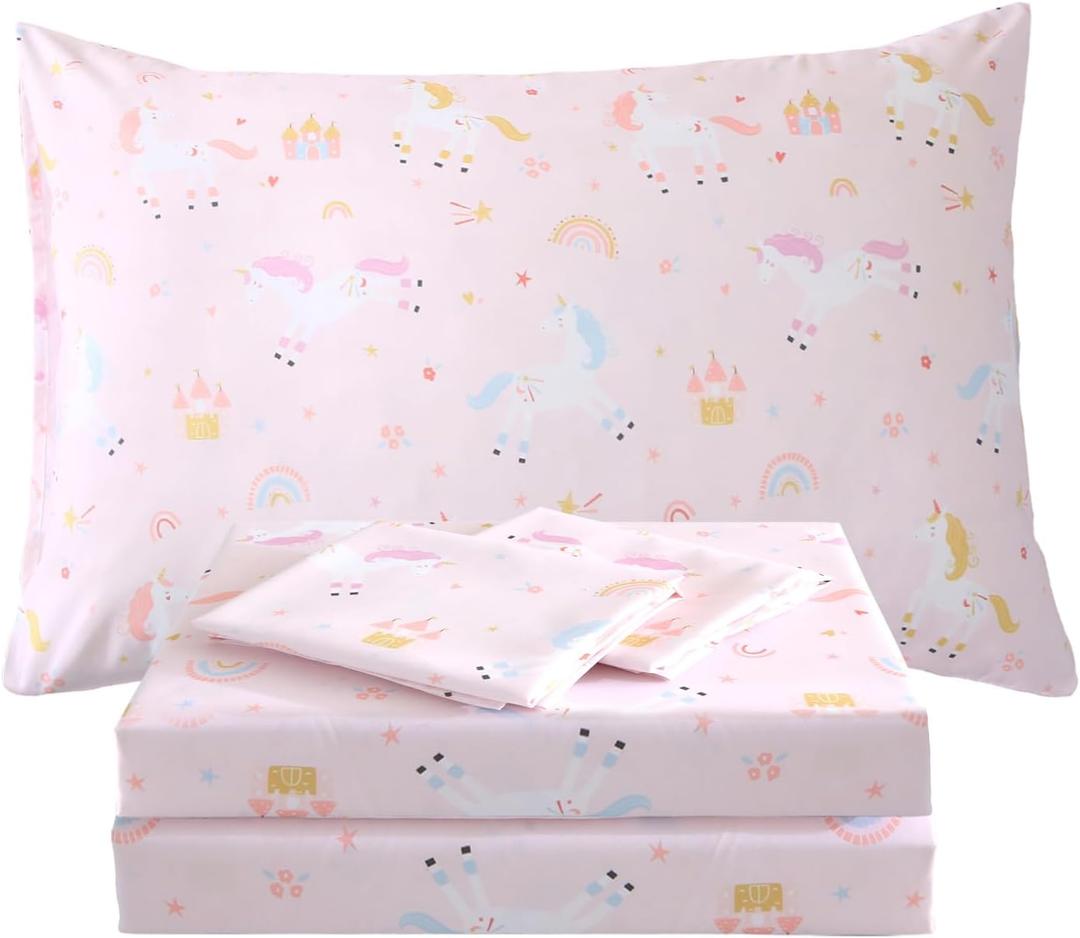 Kids Sheet Set Unicorn Pink Queen Size Bedsheet for Girls, 4PCS Rainbow Printed Microfiber Soft Breathable Children Bedding Easy-Fit 14 Inch Deep Pocket