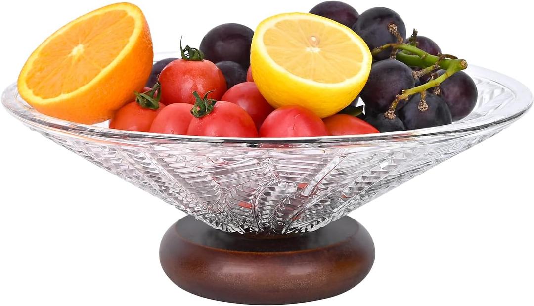 Glass Fruit Bowl, Fruit Basket for Kitchen Counter, 10 Inch Decorative Fruit Serving Bowls for Table Decor Dinning Room, Fruit and Vegetable Holder (Clear Leaves Texture)