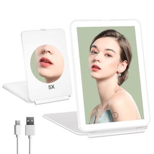 FUNTOUCH Rechargeable Portable Makeup Mirror with 72 LED Lights, Travel Lighted 1X/5X Magnification, 3 Color Lighting, Dimmable Touch Screen, Tabletop Folding Cosmetic Lights, Bright White