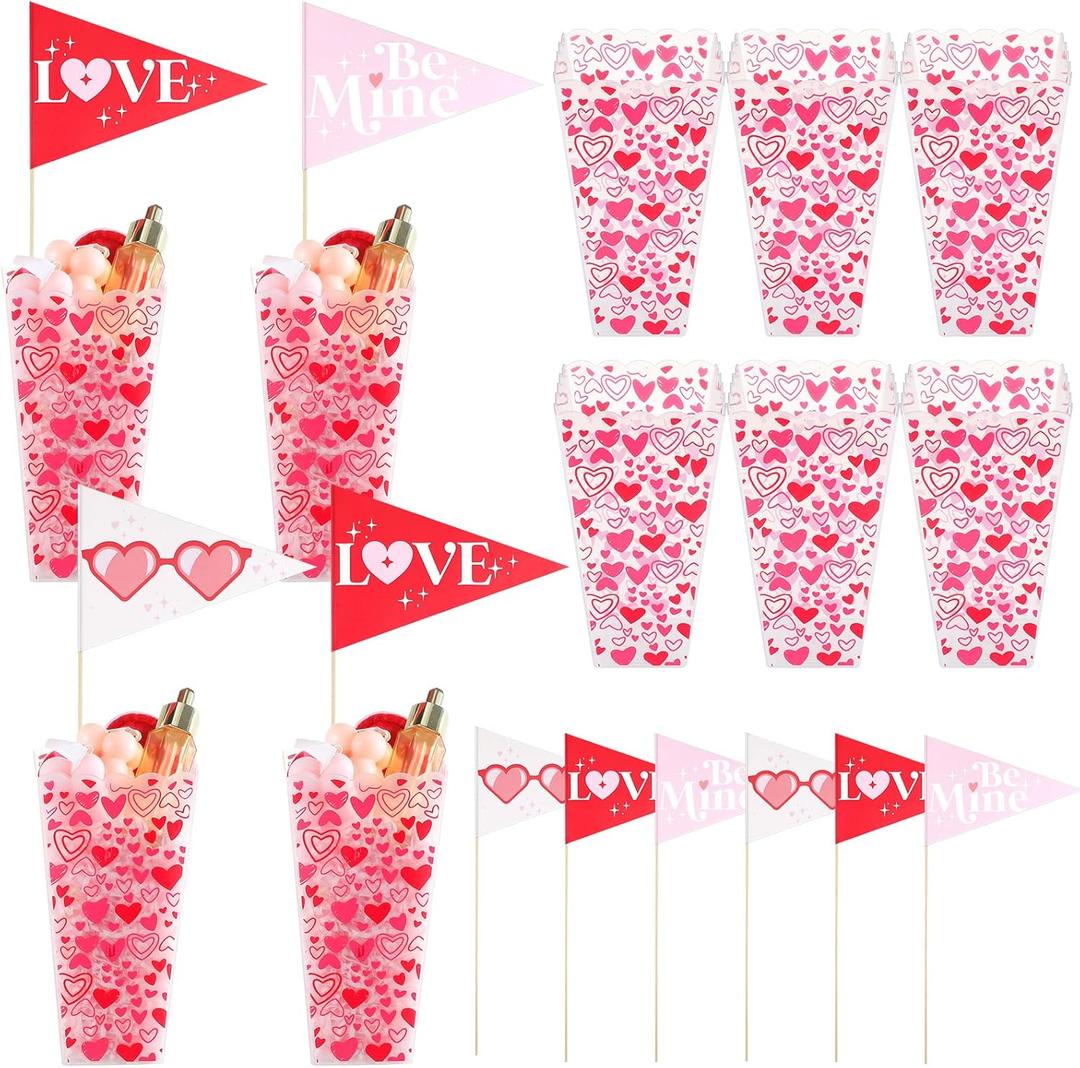 Thyle 6 Pack Valentine's Day Gifts Buckets with Label Flags, Red Heart Popcorn Treat Buckets Plastic Heart Party Favor Boxes for Valentine Gifts Filling Galentine Party Supplies Weddings Anniversary