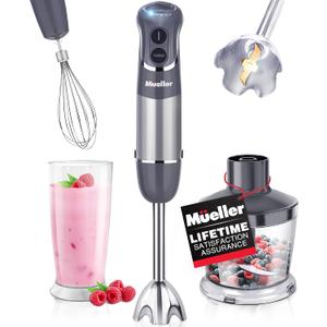 Mueller Multistick 800W 4-in-1 Immersion Blender Handheld, 12 Speed Hand Mixer - Turbo Boost, Heaviest Duty Copper Motor, Titanium Blades Hand Blender, Milk Frother Wand, Whisk, Beaker, Chopper, Grey
