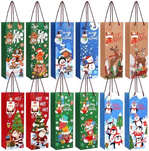 Liobelon 12 Pieces Christmas Wine Gift Bags With Tags - Colorful Paper Champagne Bottle Bags for Xmas Holiday Home Party Favor Decoration, 6 Designs