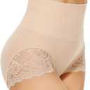 SURE YOU LIKE Tummy Control Shapewear for Women Lace Mid Waisted Underwear Body Shaper Panties (Beige, M)
