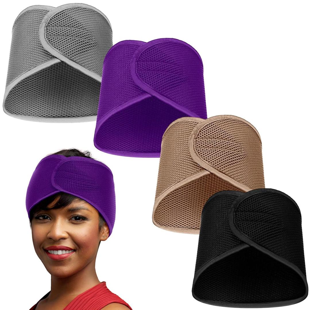 Xuhal 4 Pieces Mesh Hair Wraps for Black Women - Sleeping Hair Scarf Cap, Spa Headbands, Natural Hair Wash Face Sleep (Dark Purple, Black, Gray, Camel)