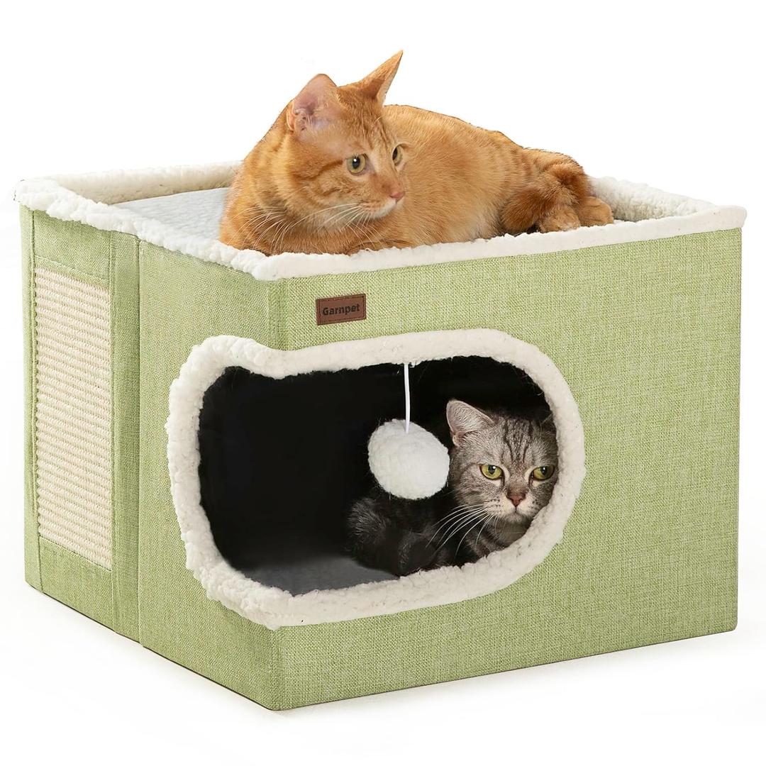 Garnpet Cat Bed for Indoor Cats Cube House, Covered Cat Cave Beds & Furniture with Scratch Pad and Hideaway Tent, Cute Modern Cat Condo for Multi Small Pet Large Kitten Kitty, Green