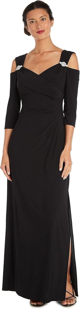 R&M Richards Women's Off The Shoulder Sweetheart Column Gown | Rhinestone Accent & Side Slit Dress | Cocktail & Party Attire (16W, Black)