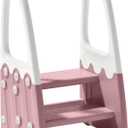 Two Step Stool with Handrails for Toddler and Kids, Standing Learning Stool Tower for Bathroom Sink, Potty Training, Children Step Up Learning Helper with Handles (Pink-White)