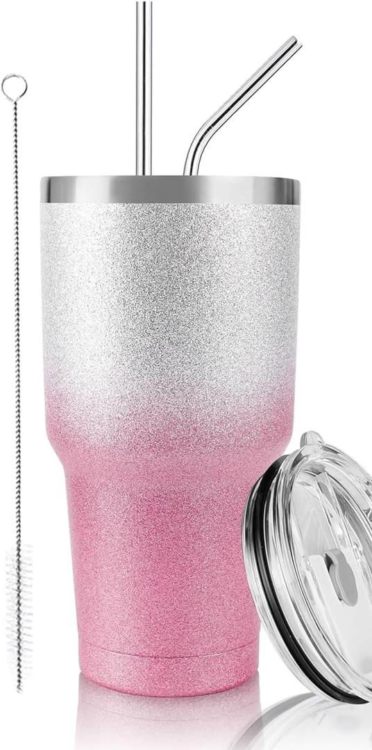 DS 30 oz Tumbler Pink Glitter Gradient Cup Stainless Steel Double Wall Vacuum Insulated Mug with Straw and Lid, Cleaning Brush for Cold and Hot Beverages
