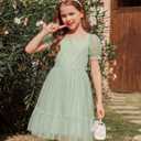 Arshiner Girls Dresses Tulle Bow Tie Back Puff Sleeve Party Holiday Spring Summer Dress (Green, L)
