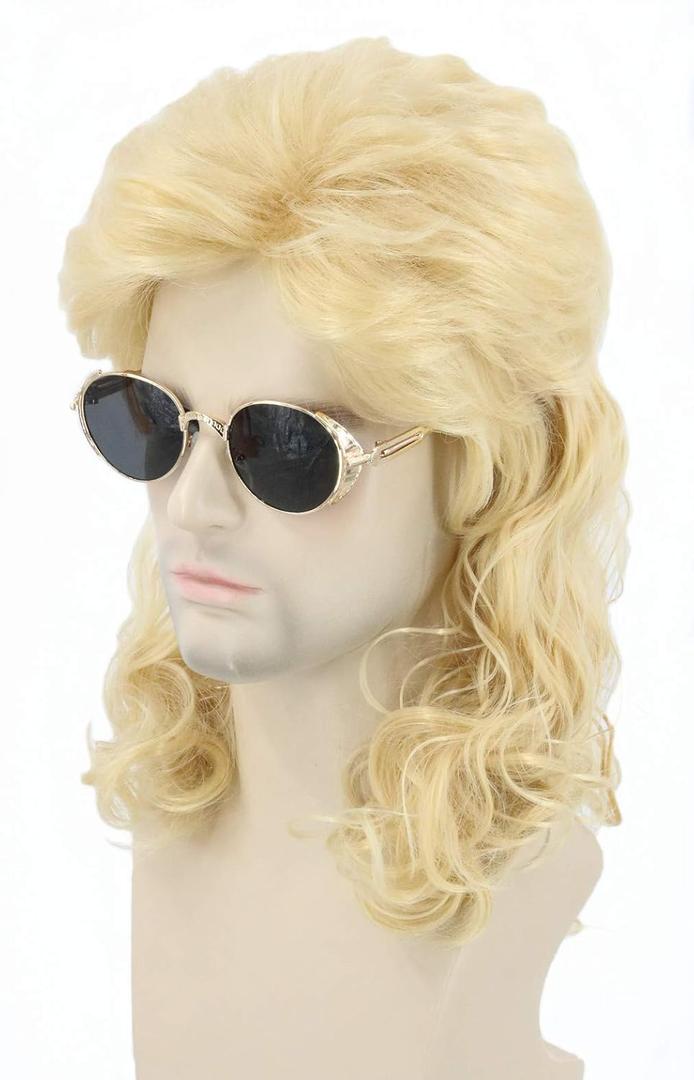 Topcosplay Mens Wigs 80s Mullet Wig Blonde Long Curly Halloween Costumes Wig (Blonde)