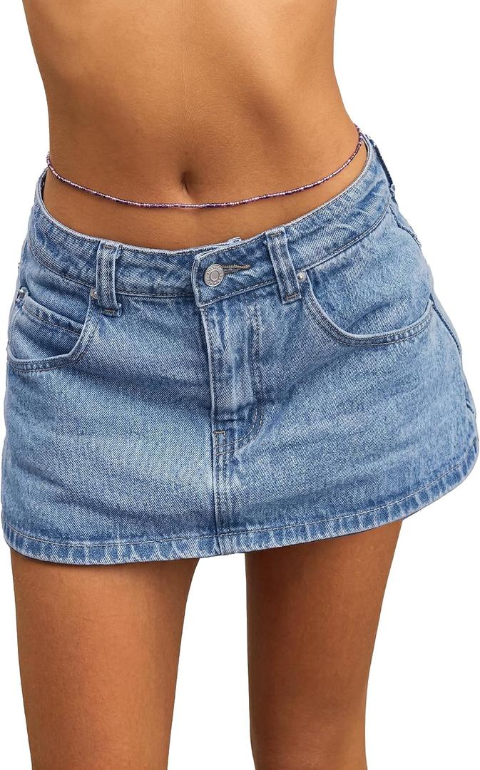 EMMIOL Women Denim Skort Skirt Stretchy Mid Waist Y2K Sexy Mini Skirts Dressy Casual Jean Skorts (Blue, L)