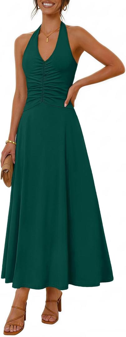 MEROKEETY Women's Formal Halter Maxi Dress 2026 Summer Backless Sleeveless V Neck Ruched Cocktail Wedding Guest Dresses (Green, M)