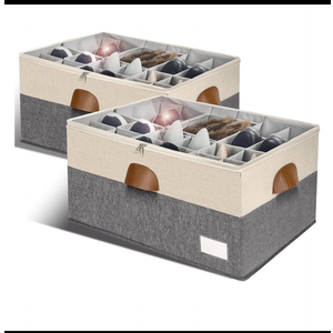 Shoe Organizer for Closet, Foldable Shoe Storage Bins with Clear Cover, Space Saving Shoes Holder with 4 Handles, Large Adjustable Shoe Box Storage Containers, Fits 12-24 Pairs, 2 Pack, Beige