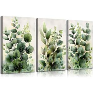 3 Pcs Green Plant Leaves Wall Art Eucalyptus Flower Canvas Wall Decor Pictures Farmhouse Vintage Country Botanical Posters Prints for office Bathroom Bedroom Decoration