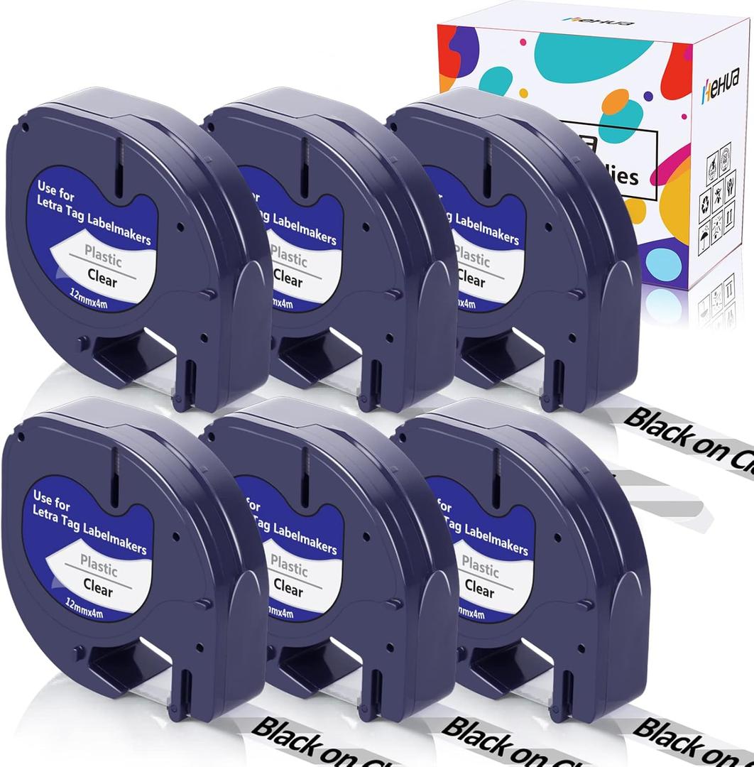 Hehua Clear Label Maker Tape Compatible for Dymo Label Maker Refills Clear Transparent 16952 S0721530 LetraTag Refills 12mm x 4m for Dymo LetraTag LT-100H LT-100T Plus LT-110T QX50 2000 XR, 6 Pack