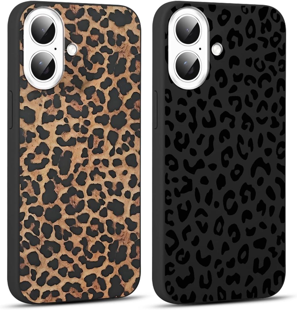 2 Pack for iPhone 16 6.1'' Cheetah Print Cases, Cute Luxury Leopard Print Pattern Design Cases for Women Men Girls, Fashion Retro Shockproof Anti Scratch Protection Silicone Soft TPU Cover