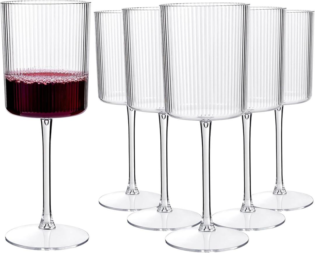 YOUBET 24 Pack Plastic Ribbed Wine Glasses - 10 OZ Clear Square Wine Glasses with Stem - Heavy Duty Vintage Disposable Champagne Cups for Wedding Parties