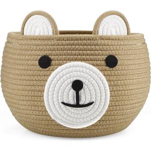 PandaEar Cotton Rope Baby Basket, Baby Gift Basket Nursery Laundry Organizer with Cute Bear Design for Storage Infant Newborn Essentials, Diaper Caddy with Handle (Brown)
