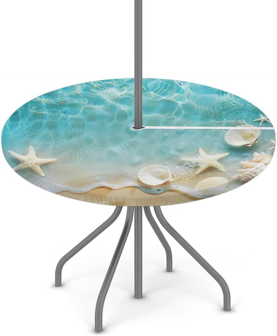 Round Outdoor Fitted Tablecloth with Umbrella Hole, Starfish Seashell Elastic Table Cloth Beach Ocean Waterproof Table Cover with Zipper for Patio Picnic, 36"-44"