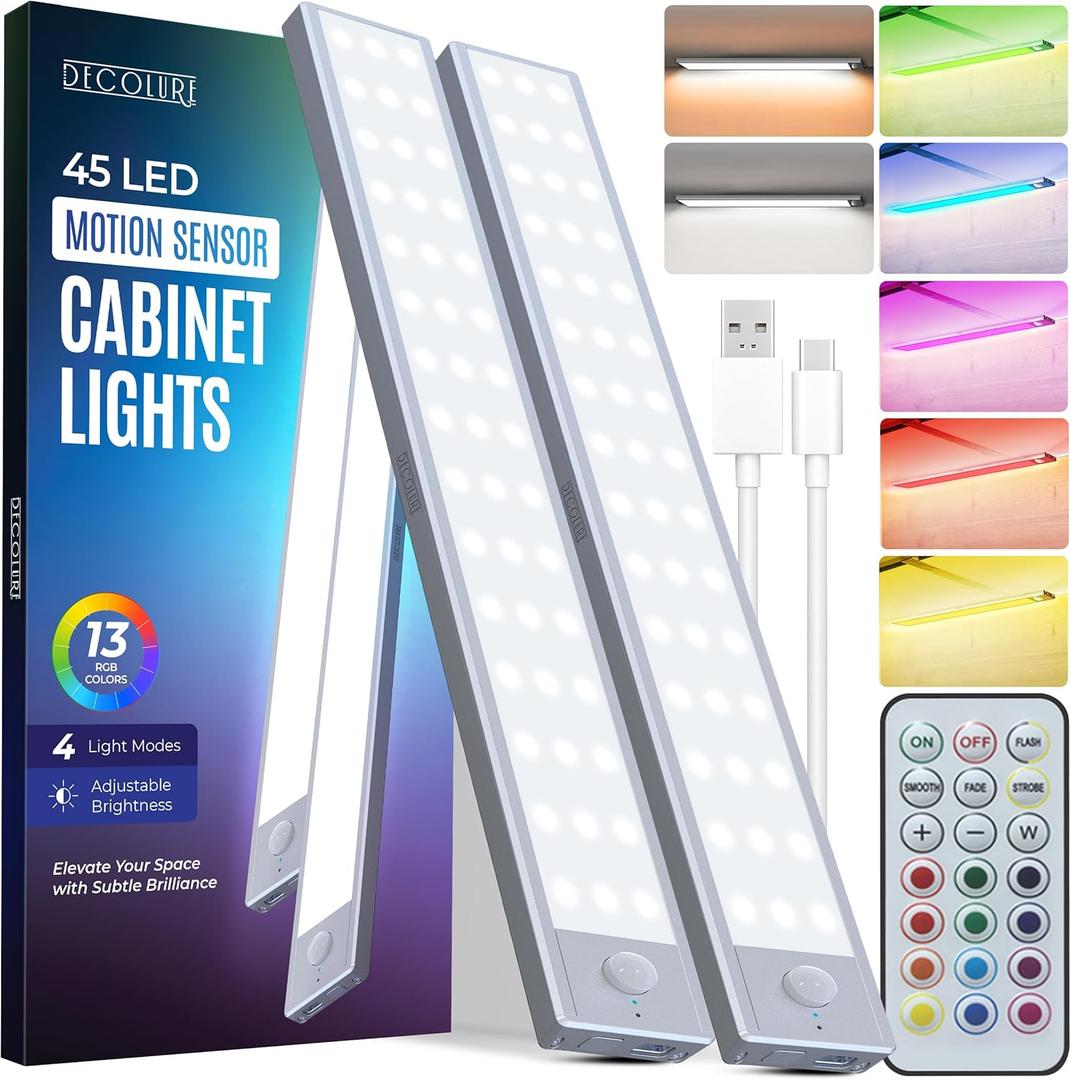 DECOLURE Under Cabinet Lights (2 Pack) - Motion Sensored Wireless Under Counter Lights for Kitchen w/ 13 RGB Colors - Bright 45 LED Closet Lights, Indoor Lighting w/Rechargeable Long Lasting Battery