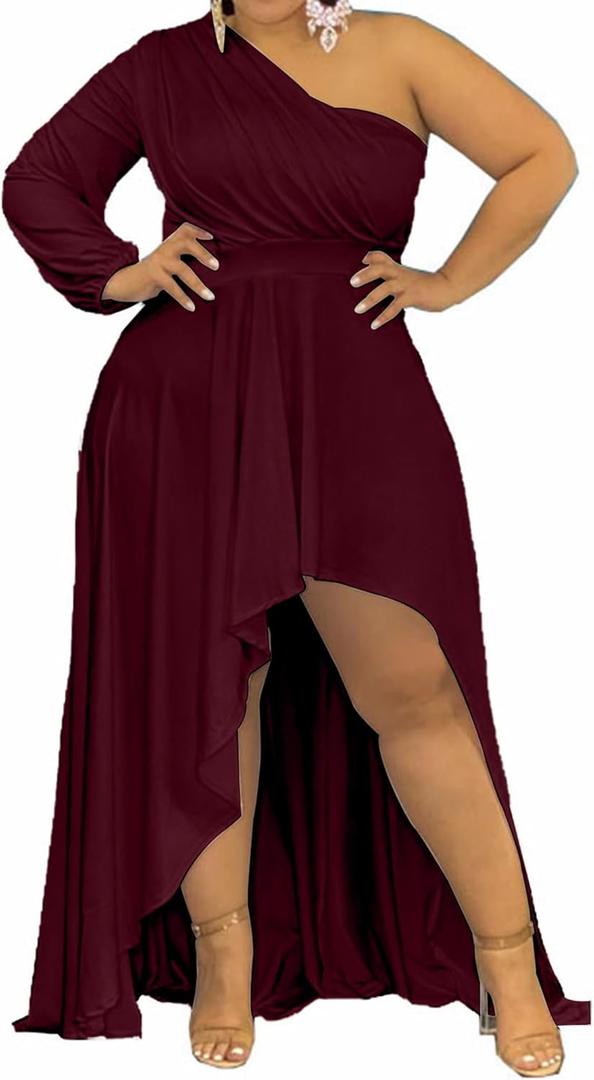 Ekaliy Women's Plus Size One Shoulder Maxi Dress Long Sleeve High Low Irregular Hem Flowy Long Party Cocktail Dress (3X-Large Plus, Burgundy)