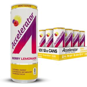 Accelerator Energy Drink, Berry Lemonade 12oz can (12 pack), Zero Sugar, Sustained Energy from 100% Natural Caffeine (200mg from Green Coffee Bean & Green Tea Extract), Best By: 06/26