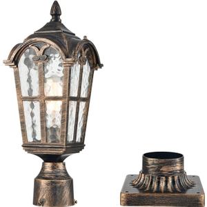 YUBOLE Outdoor Post Light, Exterior Pole Lanten, Waterproof Cast Aluminium Post Light Fixture with Water-Tempered Glass Shade, E26 Based Post Lamp for Garden, Driveway, Backyard- Antique Brass
