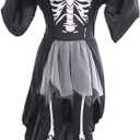 Kids Halloween Skeleton Costume, Midnight Reaper Costume for Girls, Hooded Dress with Legging and Gloves for Halloween Party (10-12 Year old)