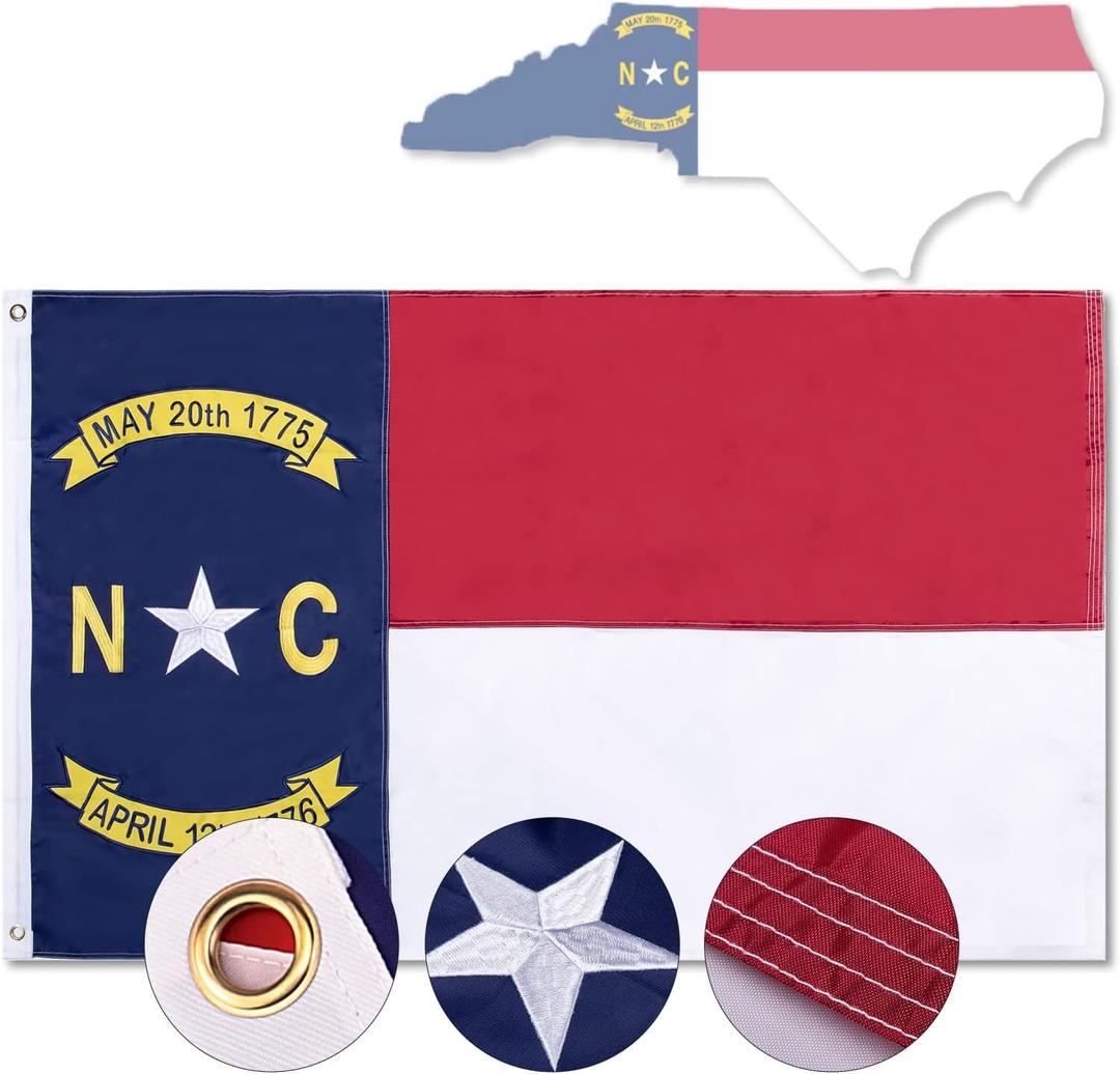 North Carolina Flag 3x5ft, NC State The Old North State, Heavy Duty Embroidered Stars Outdoor Indoor All Weather 210D Nylon Burgee With Strong Canvas Header/Brass Grommets