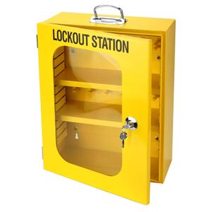 QWORK Heavy Duty Lockout Tagout Station with Clear Door & Lock, Wall Mounted Loto Box, Steel Cabinets, Large Machine Service Storage, Yellow