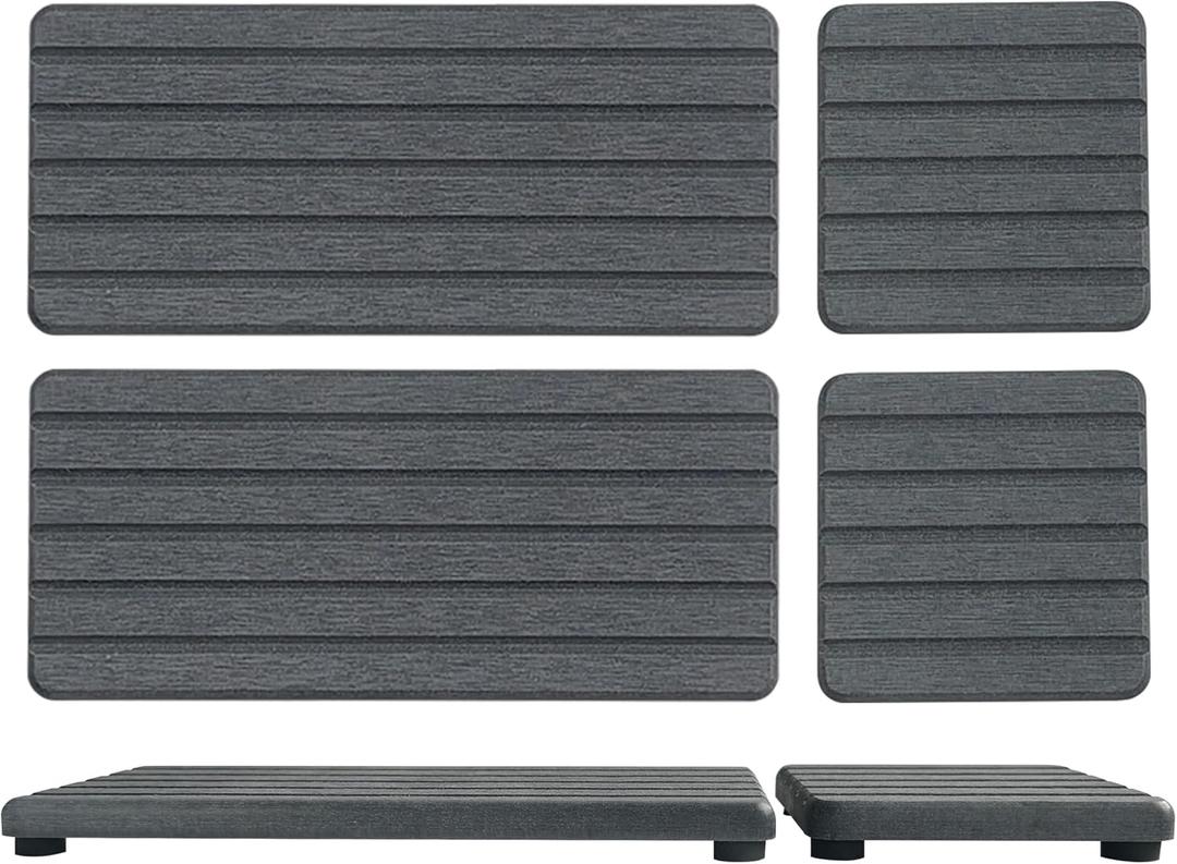 Set of 4 Water Absorbent Diatomite Coasters, Diatomaceous Earth Kitchen Soap Dish, Bathroom Trays, Water Absorbing Stone Used for Hand Soaps & Plants & Toiletries in The Modern Home (Set of 4 Dark Grey With Grooves)