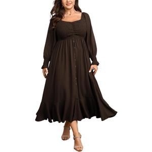 CICIDUDU Plus Size Smocked Casual Maxi Dress for Curvy Women Long Sleeve Sweetheart Neckline Fall Dresses Button Down (Brown, XL)