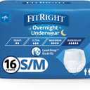 FitRight Overnight Unisex Underwear, Small/Medium (28-40 in Waist), 16 Count, Maximum All Night Disposable Incontinence Protection, Pull-On Absorbent Underwear for Men & Women, 1 Bag