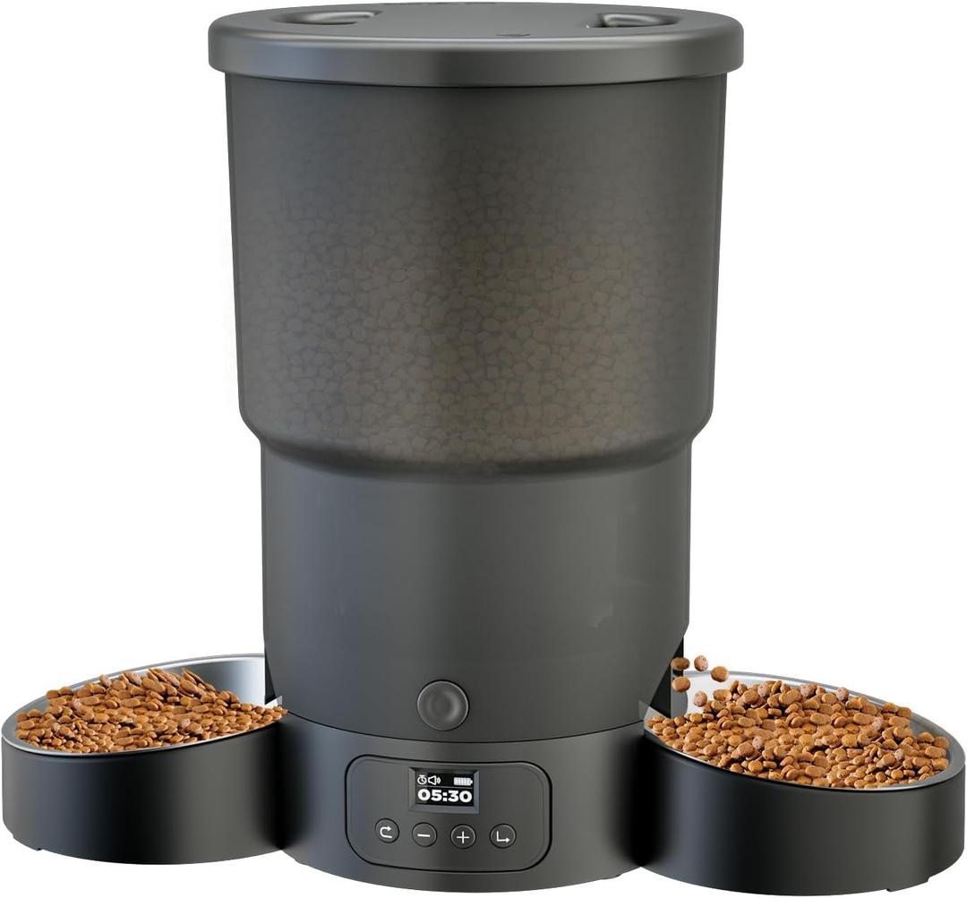 Gimars 5L Automatic Cat Feeder for 2 Cats, Programmable 1-6 Meals Cat Food Dispenser with Stainless Steel Bowl, Easy Setup, Dual Power Supply,10s Meal Call Timed Pet Feeder for Cats and Small Dogs (Black Two Bowls)