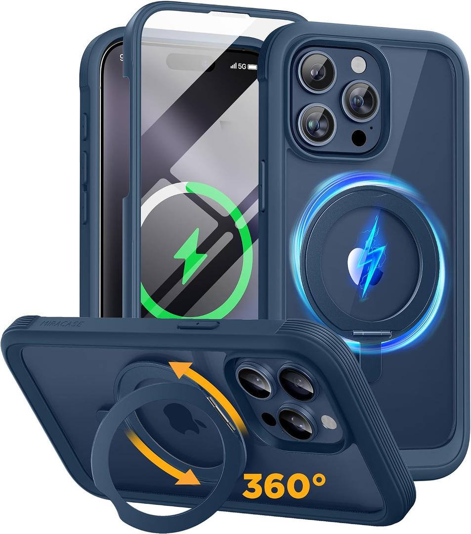 Miracase for iPhone 15 Pro Max Case with 360 Magnetic Ring Stand [Compatible with Magsafe] Full-Body Drop Proof Bumper Phone Case with Built-in 9H Tempered Glass Screen Protector,Blue