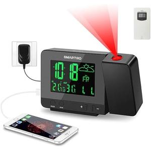 SMARTRO SC31B Digital Projection Alarm Clock with Weather Station, Indoor Outdoor Thermometer for Bedrooms, USB Charger, AC Battery Operated