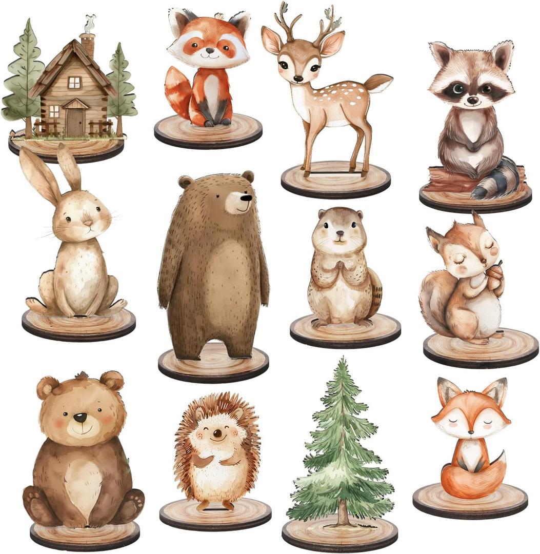 12Pcs Woodland Animal Table Centerpiece Forest Animal Wood Tabletop Detachable Sign Rustic Tiered Tray Decor for Baby Shower Gender Reveal Birthday Photo Props Party Favor Supplies