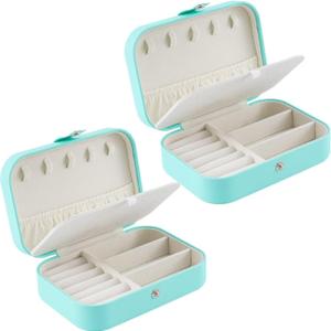 Travel Jewelry Box, PU Leather Small Jewelry Organizer for Women Girls, Double Layer Portable Mini Travel Case Display Storage Holder Boxes for Stud Earrings, Rings, Necklaces, Bracelets (Green 2pcs)