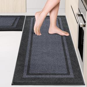 Kitchen Rugs Set (24" x 36"+24" x 60"), Non-Slip Machine Washable Kitchen Runner Rugs Floor Mats, Absorbent Comfort Standing Mat for Kitchen, Sink and Hallway, Rolled Packaging, Bluish Grey & Charcoal